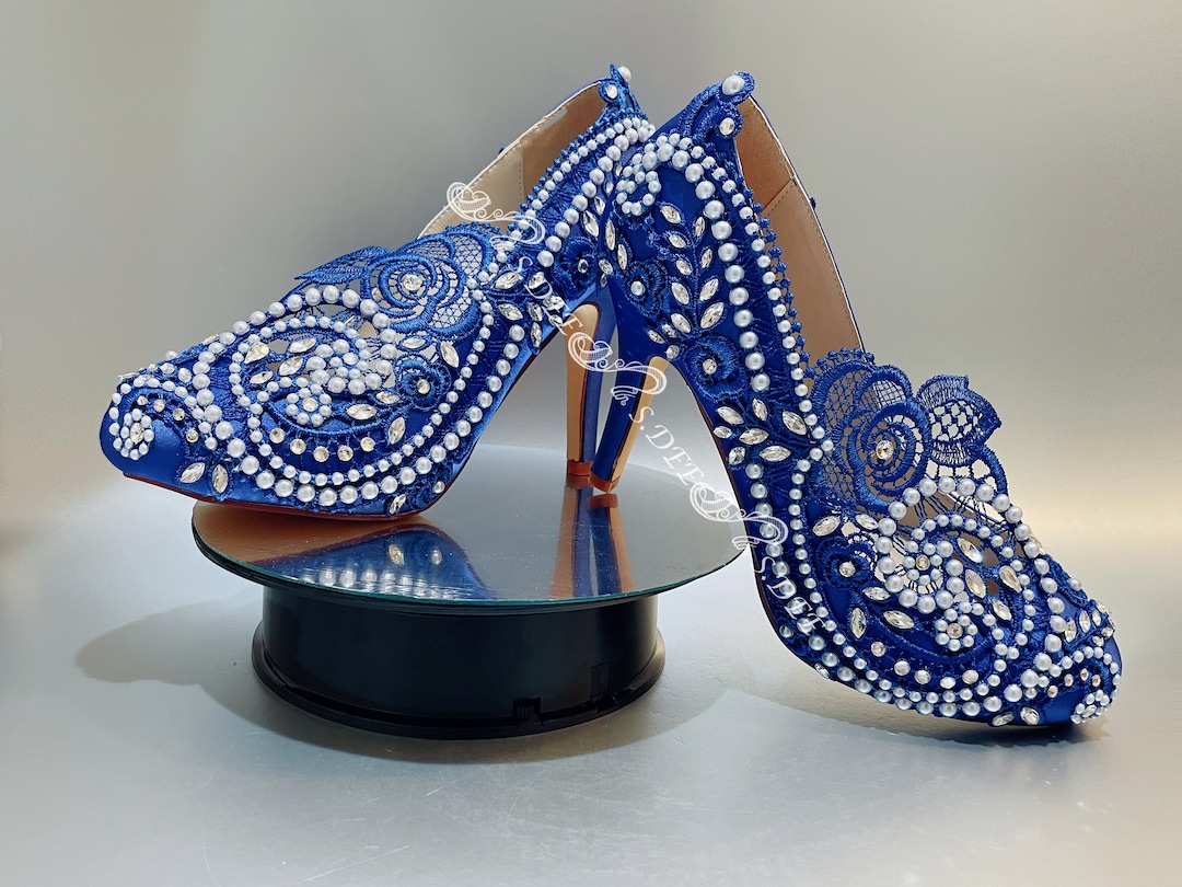 Women's Wedding Shoes Royal Blue Opened Toe Block Heel Bridal Shoes with Square Rhinestone
