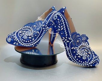 Royal Blue Wedding Shoes for Bride S.DEE Royal Blue Ankle Ribbon Satin Closed Toe Heel Wedge Platform Bridal Lace Rhinestones Handmade Shoes