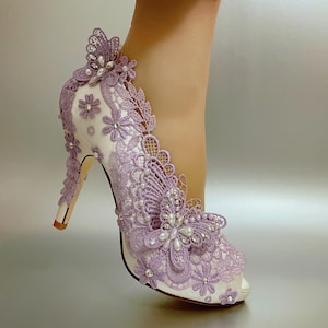 Wedding shoes for Bride, Purple Bridal Heel, Unique Handmade Lavender Lilac Lace Peep Open Toe Vintage look Satin Butterfly Engagement Wedge