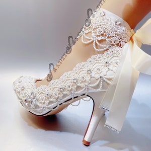Champagne Light Gold Wedding Shoes Heels for Bride S.DEE Rose Cream Lace Pearls Satin Round Closed Toe Heels Bridal Lace Heart Rhinestone