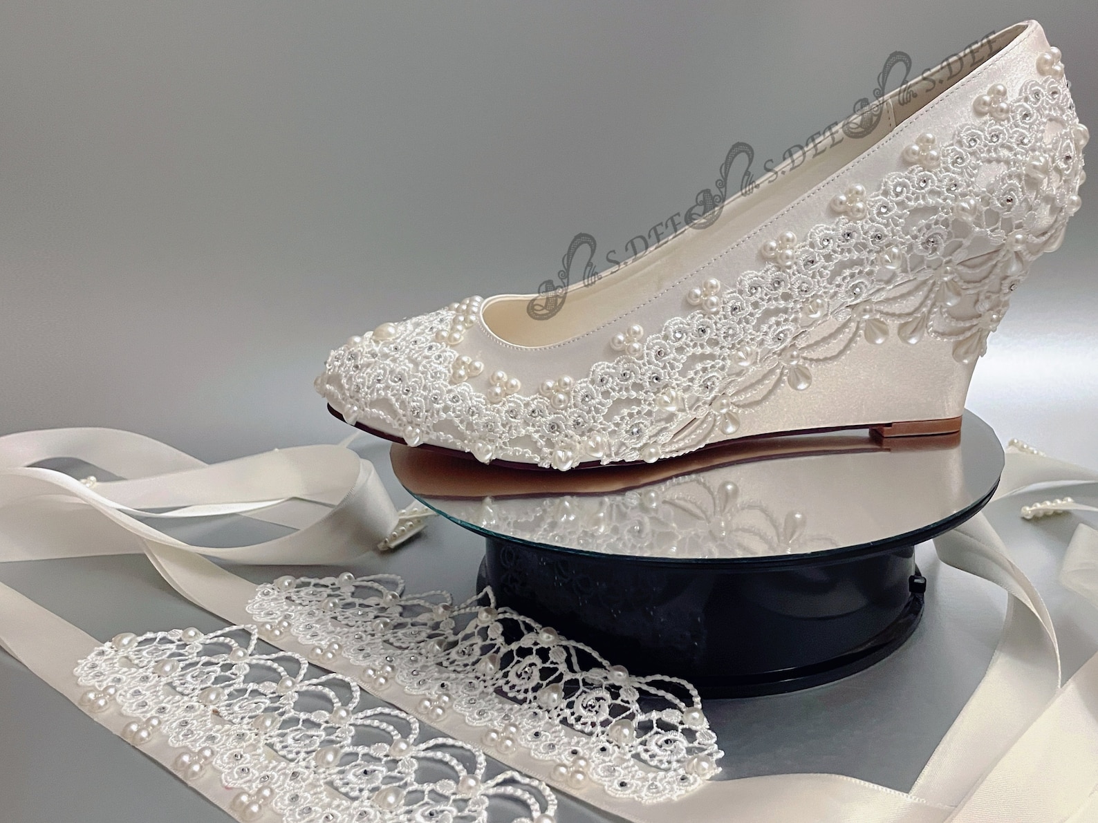 Light Ivory off White Wedding Shoes Wedge for Bride S.DEE Pearls Satin ...
