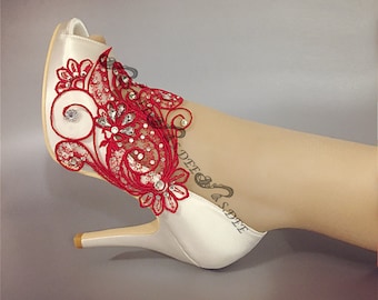 Red Wedding Shoes for Bride, Bridal High Low Heel, Embellished Satin Peep Open Toe Platform Unique Lace Gem Rhinestone Ivory White BLOSSOM