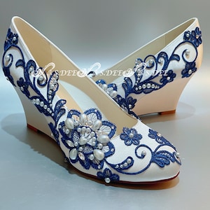 Prussian Royal Blue Wedding Shoes BrideS.DEE "LOTUS" Satin Round Closed Wedge Heel Bridal Lace Pearls Rhinestone Shoes Ivory White Off White