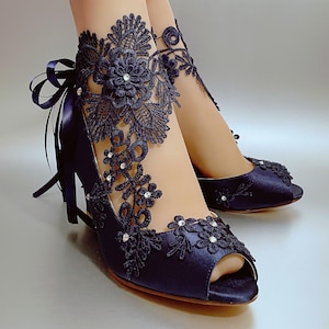 Navy Blue Wedding Shoes for Bride, Midnight Blue Bridal Wedge, Leaves Ankle Ribbon Satin Peep Open Toe Low Heel Lace Rhinestone Gem Handmade