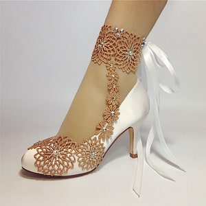 Wedding Shoes for Bride, Bridal Heel, Unique Ivory White Satin Cinnamon Closed Toe Pump Anklet Handcraft Lace Rhinestones Ribbon FLORALWAY