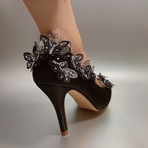 Wedding Shoes for Bride, Bridal Heel, Fairy Satin Black Transparent Closed Toe Mesh Crystal Lace Ivory White Base Multi-Color 3D butterfly