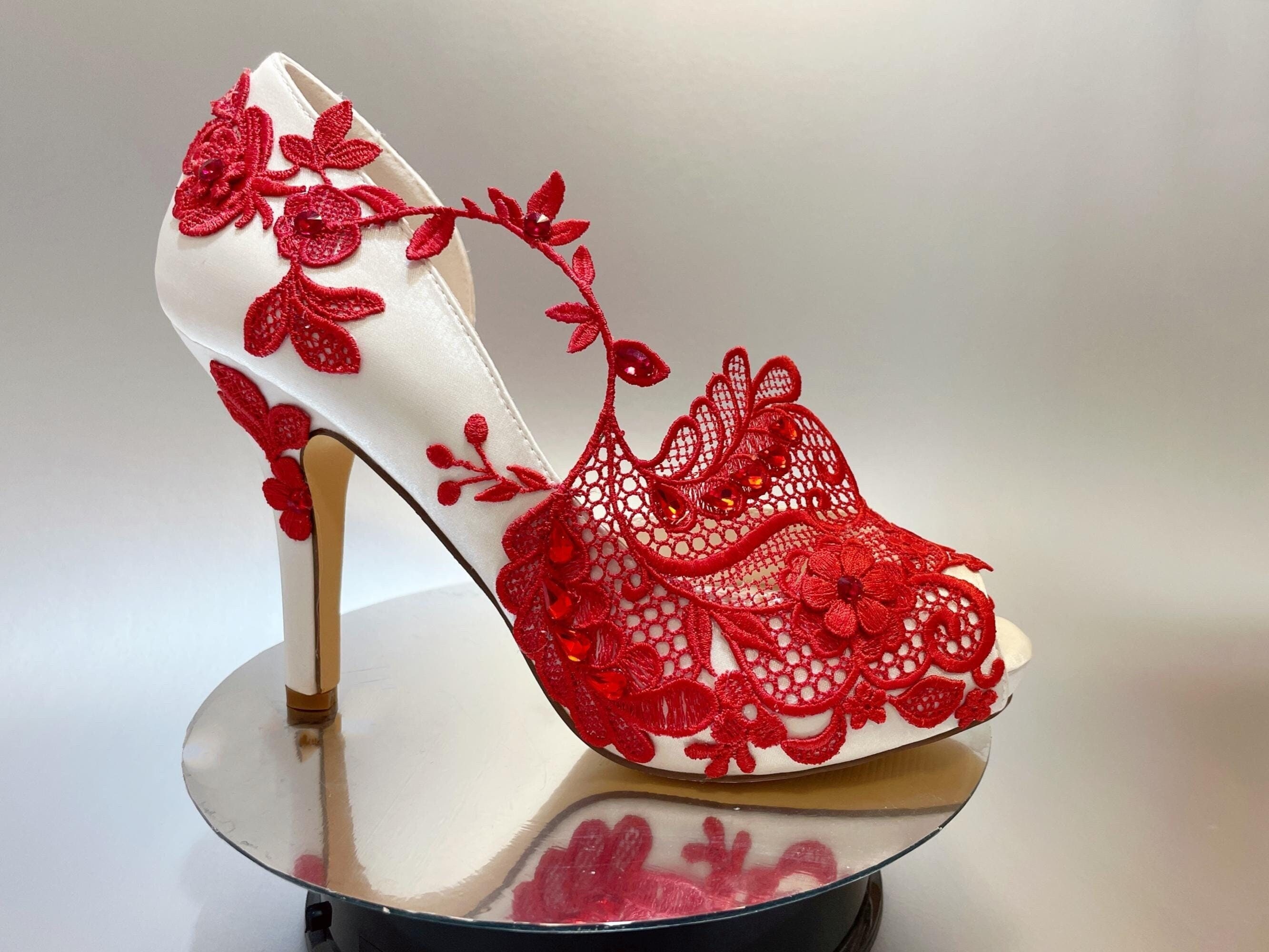 red shoes with ivory wedding dress for Bride, Bridal Heels, Embellished Unique Bright Gem off White Handmade Satin Peep Open Toe Lace Rhinestone Pearl Web Collection: Sample Sale