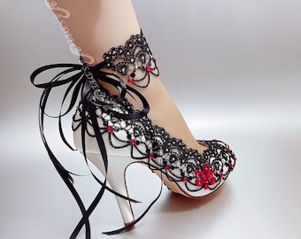 Wedding Shoes Wedges for Bride S.DEE Black Ivory White Pattern Handmade Satin Open Closed toe Flats Wedge Heel Bridal Lace Rhinestone Pearl