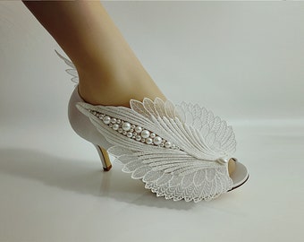 Wedding shoes for Bride, Bridal Heel, Ivory Handmade Metallic Prism White Shining Lace Open Toe Satin Engage can be replaced w/ Wedge/Flats
