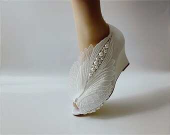 Wedding shoes for Bride, Bridal Wedge, Ivory Handmade Metallic Prism White Feather Embellished Shining Lace Open Toe Satin Engagement Heels