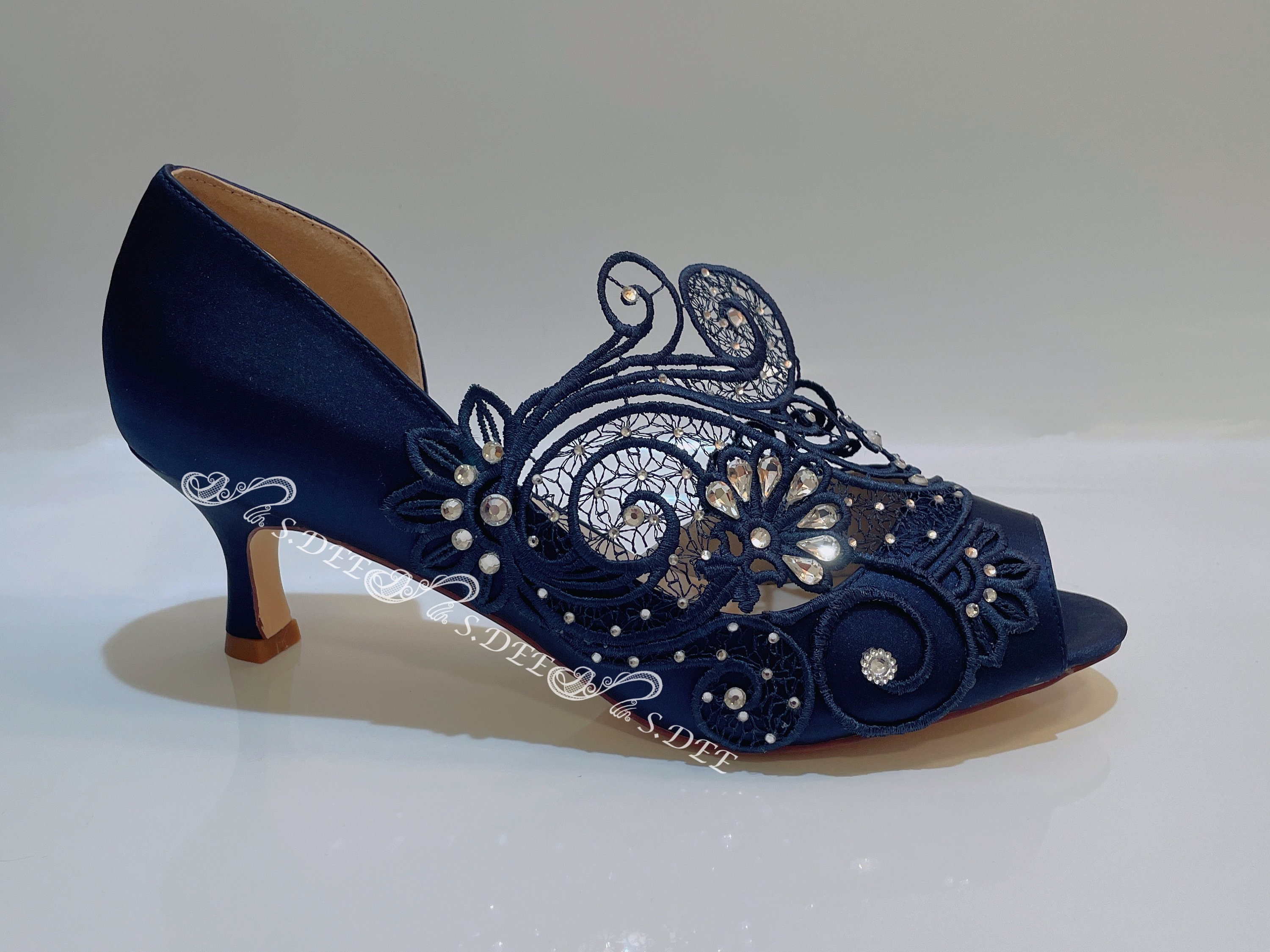 What Color To Wear With For Wedding Navy Blue Bridesmaid Dress Shoes Navy  Blue Wedding Shoes For Bride, Midnight Blue Bridal Heel, Satin Open Peep  Toe Small Kitten Low Heel Lace Rhinestones Handmade ...