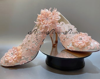 Blush Pink Wedding Shoes for Bride, Bridal Low Heel, Unique Ivory White Handmade Satin Closed toe Lace Tulle Flower Rhinestone Pearl Flame