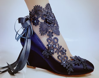 Navy Blue Wedding Shoe for Bride, Midnight Blue Bridal Wedge Unique Embellished Ankle Ribbon Satin Closed Toe Heels Lace Rhinestone Handmade