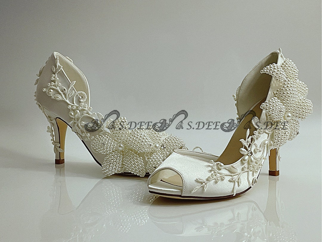 Wedding Shoes for Bride, Bridal Low Heels, Satin Ivory White Asymmetric Peep  Toe Handmade Engagement Lace Beading Pearl Rhinestone LILYSTORY - Etsy, image size:1080x810