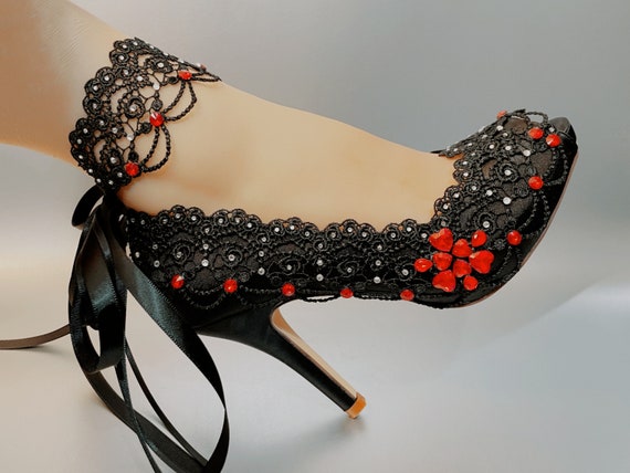 black bridesmaid dresses red shoes A Red and Black Vintage Wedding at Dickens Opera House in Longmont, Colorado