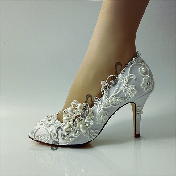 S.DEE Wedding Shoes lotus Peep Open Toe High Heel Ivory White