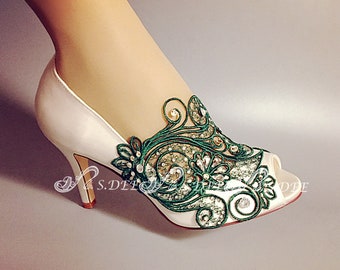 S.DEE Green Wedding shoes "BLOSSOM" Emerald Green Satin Peep Open toe Heel Handcraft Bridal Lace Pearls Ivory White Multi-Color Choices