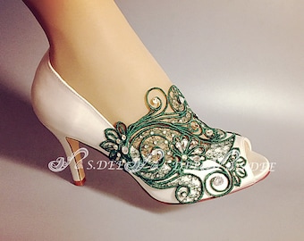 Green Wedding Shoes for Bride, Bridal Low Heel, Emerald Green Satin Peep Open toe Unique Handcraft Lace Rhinestone Pearl Ivory White BLOSSOM