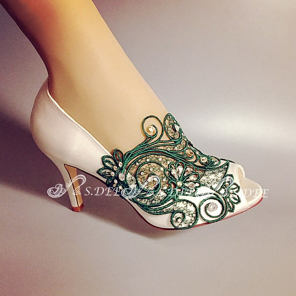 S.DEE Green Wedding shoes "BLOSSOM" Emerald Green Satin Peep Open toe Heel Handcraft Bridal Lace Pearls Ivory White Multi-Color Choices
