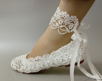 Wedding Shoes for Bride, Bridal Flats, Embellish Ivory Off White Unique Rose Satin Anklet Ribbon Closed toe Wedge Heel Lace Rhinestone Pearl