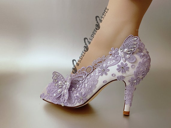 Wedding Shoes for Bride S.DEE Handmade Purple Lavender Lilac Lace Closed  Toe Pump Vintage Look Satin Butterfly Bridal Engagement Heels Wedge - Etsy