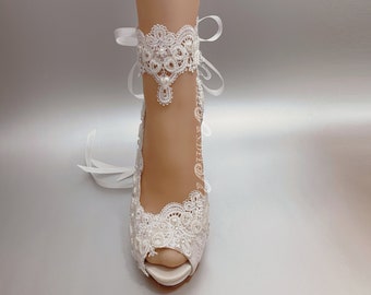 Wedding Shoes Wedges for Bride S.DEE Ivory Off White Pattern Handmade Satin Open Closed toe Flats Wedge Heel Bridal Lace Rhinestone Pearl