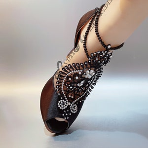 Black Wedding Sandals Shoes Heels Wedge Beading Embellished Lace Bride S.DEE Satin Peep Toe Open Toe Toe Heel Bridal Lace Rhinestones Shoes