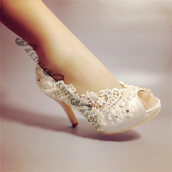 Wedding Shoes for Bride, Bridal Heel, Unique Satin Ivory White Open toe  Peep toe Heel Platform Handcraft Lace Rhinestone Pearls ANGELWINGS