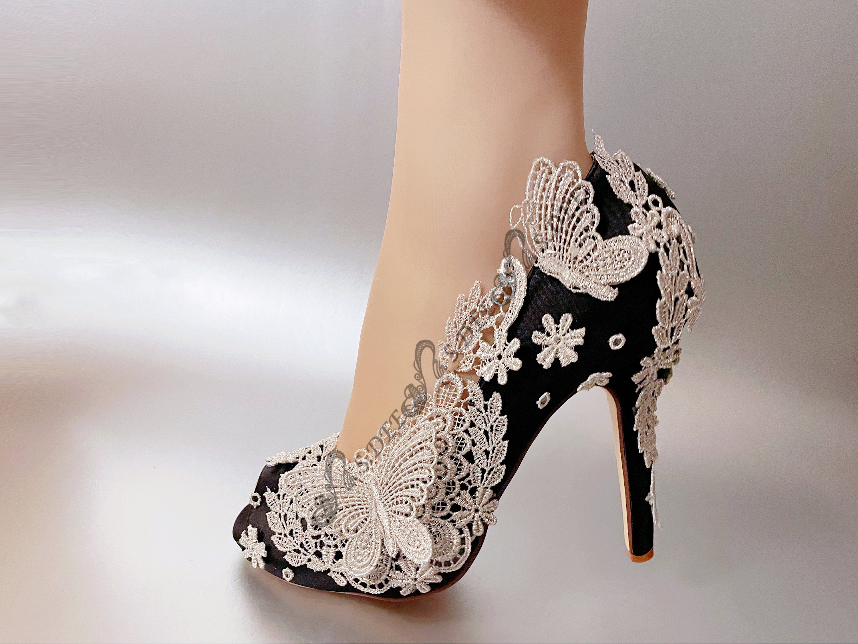 su.cheny- 3 4” heel white ivory satin lace ribbon open toe Wedding Bridal  shoes