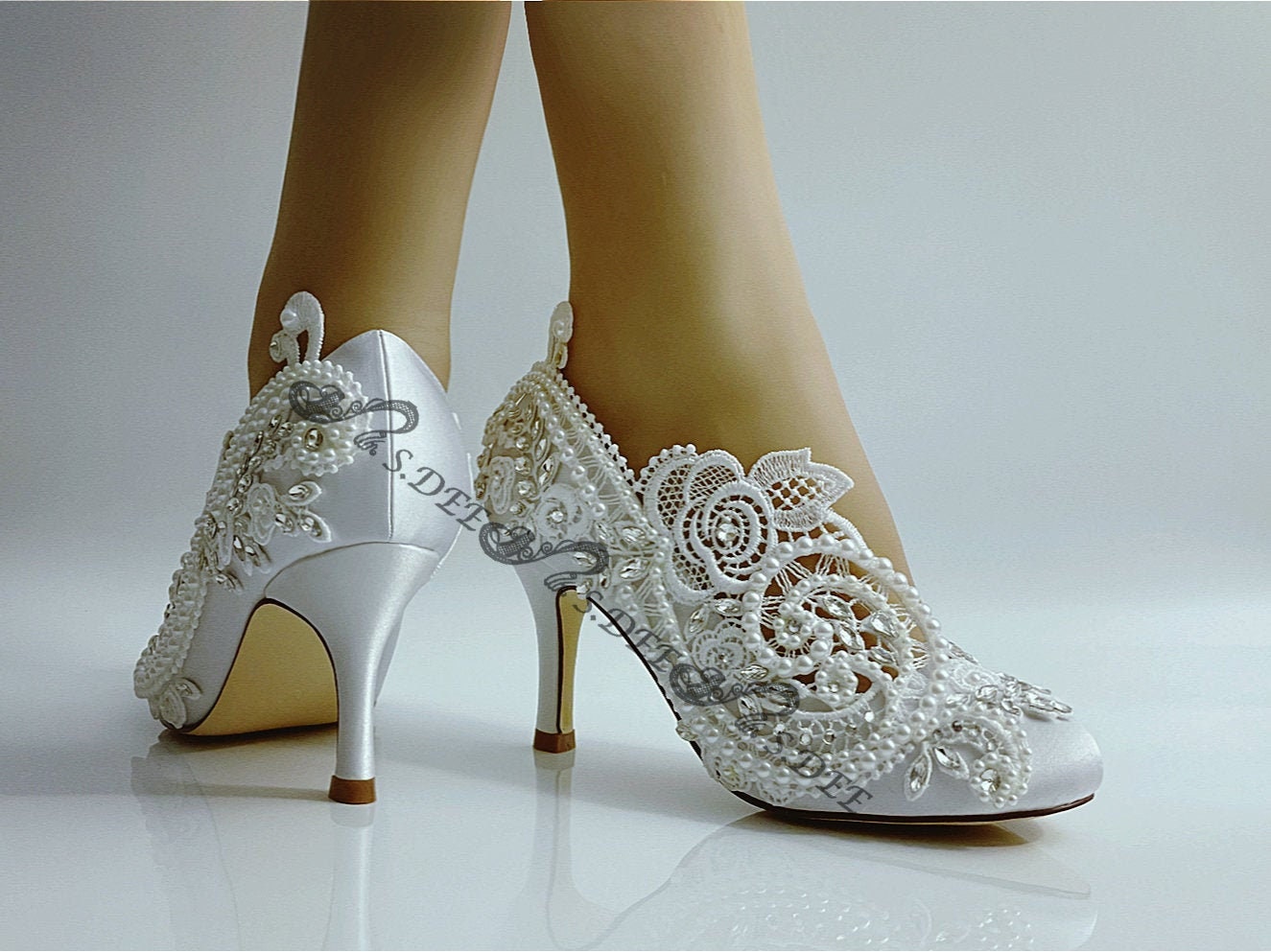 Bling Wedding Shoes, Ivory Satin and Lace Bridal Shoes with Rhinestones