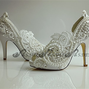 Wedding Shoes for Bride, Bridal Heels, Handmade Embellished Unique Satin Ivory White Peep Open toe Platform Handcraft Lace Pearl Rhinestone