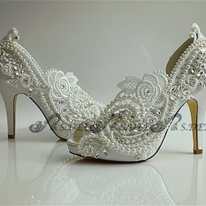 Bling Wedding Shoes, Ivory Satin and Lace Bridal Shoes With