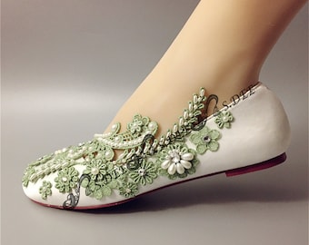 Sage Green Wedding Shoes for Bride, Bridal Flats, Unique Handmade Opal Green Satin Closed Toe Lace Pearl Rhinestones Ivory White WheatEars