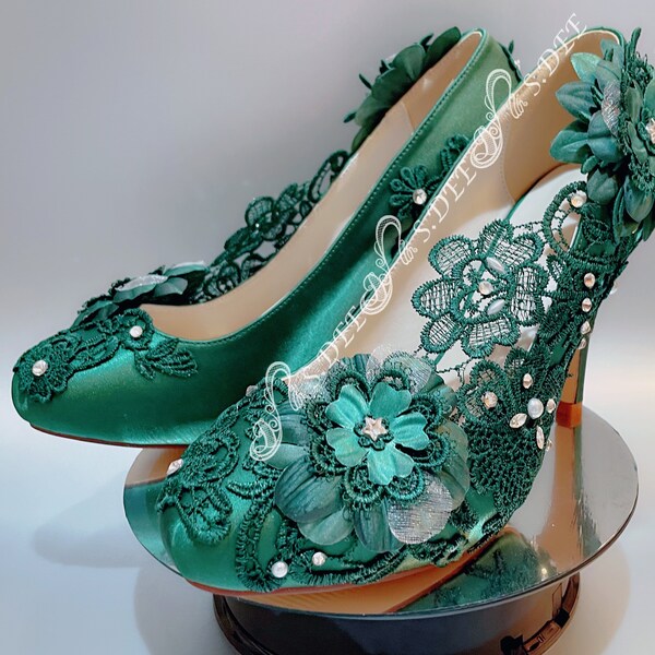 emerald green satin heels