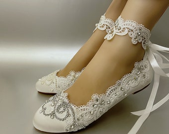 Wedding Shoes for Bride, Bridal Flats, Ivory Off White Handmade Satin Peep Open toe Closed toe Flats Wedge Heel Bridal Lace Rhinestone Pearl