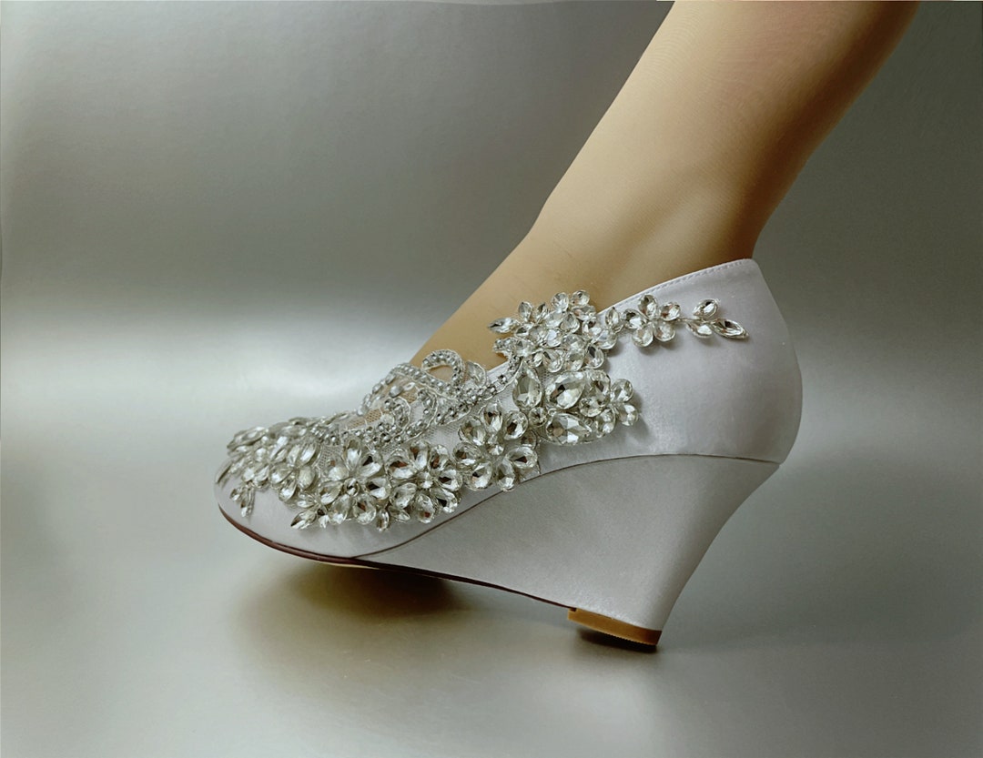 Wedding Wedge for Bride Ivory White Bridal Low Heel Handmade Embellished Unique Satin Closed Toe Platform Handcraft Lace Pearl Rhinestone Etsy Canada
