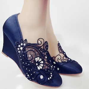 navy blue wedge dress shoes Navy Blue Wedding Wedges For Bride or Bridesmaids