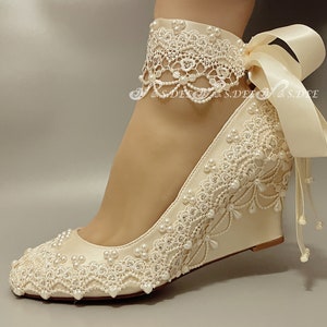 Champagne Light Gold Wedding Shoes Wedge for Bride S.DEE Pearls Satin Anklet Round Closed Toe Heels Bridal Lace Ribbon Rhinestone Handmade