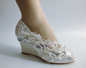 Wedding Shoes for Bride, Bridal Wedges Low Heels, Unique Satin