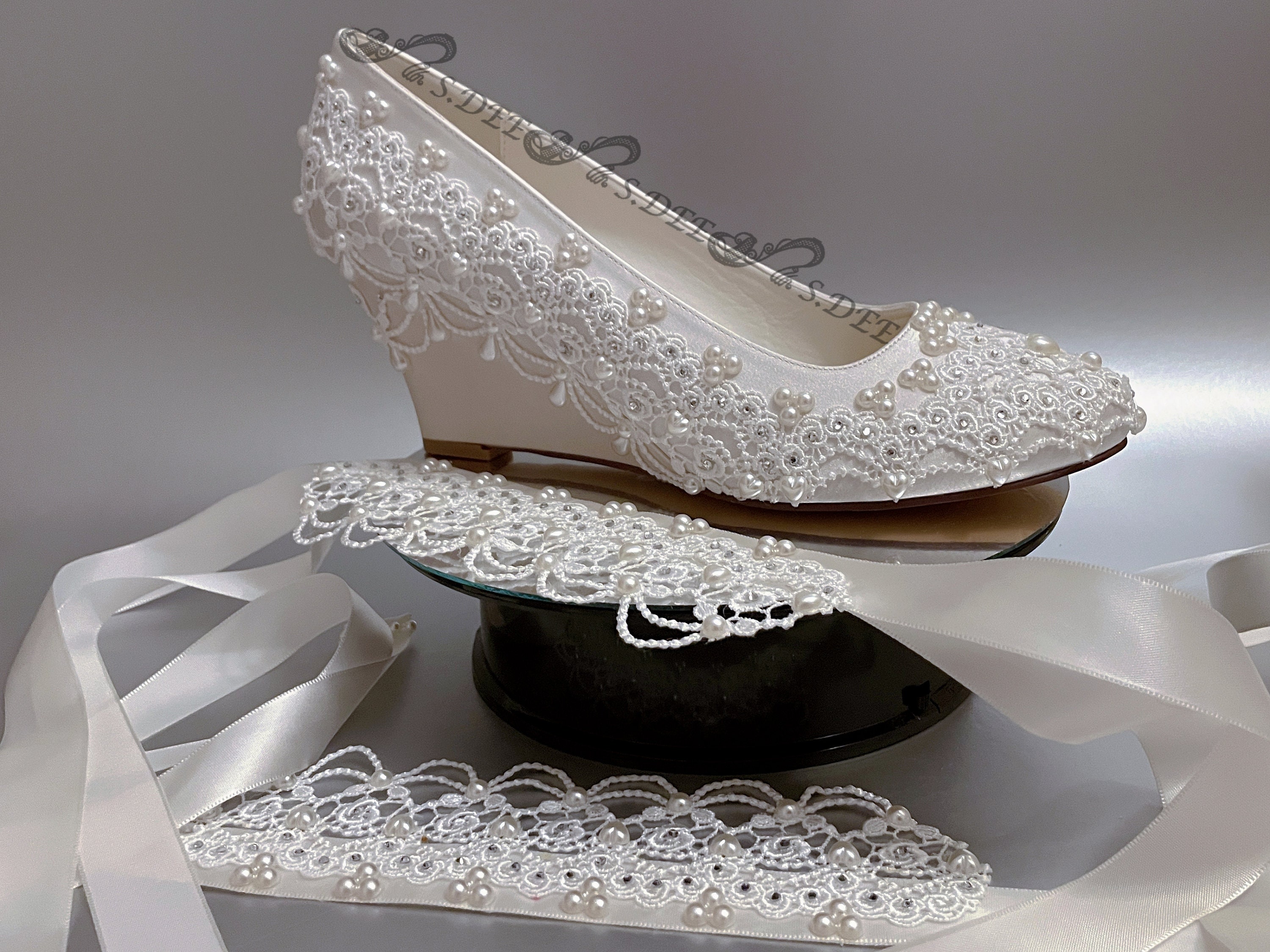 Light Ivory off White Wedding Shoes Wedge for Bride S.DEE Pearls Satin ...