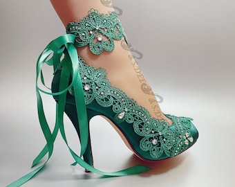 Wedding Shoes for Bride S.DEE Emerald Green Ivory White Handmade Pattern Ribbon Anklet Satin Peep Open toe Heel Bridal Lace Rhinestone