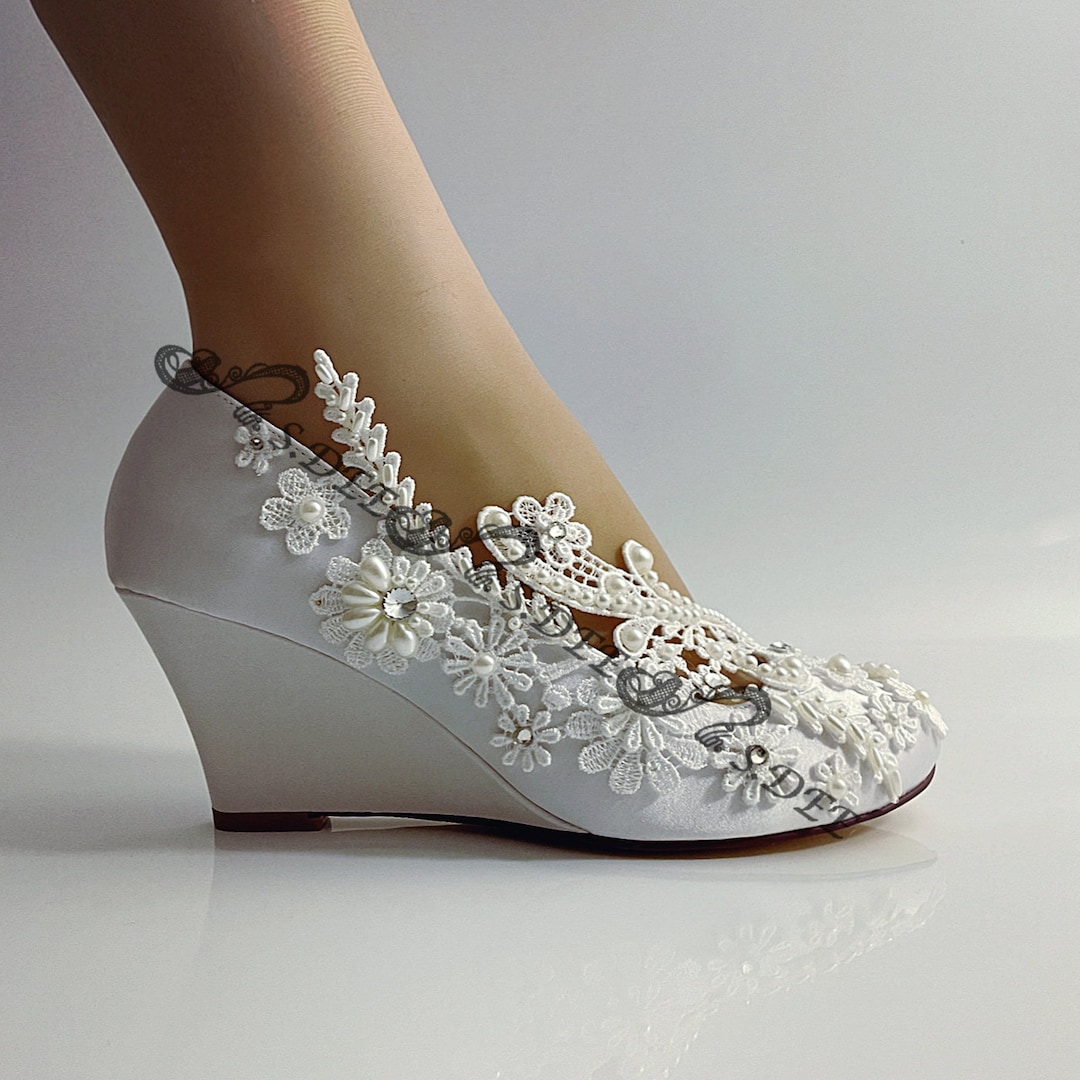 Wedding Shoes for Bride, Bridal Wedges, Unique Embellished Satin Ivory ...