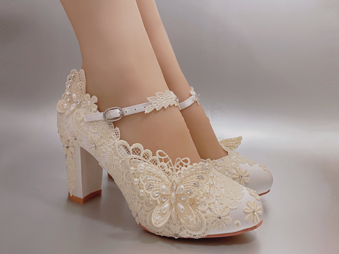 su.cheny 3 4” heel white ivory satin lace ribbon peep toe Wedding Bridal  shoes