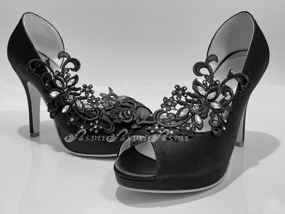 Black Wedding Shoes for Bride S.DEE Asymmetric Black Satin Peep Toe