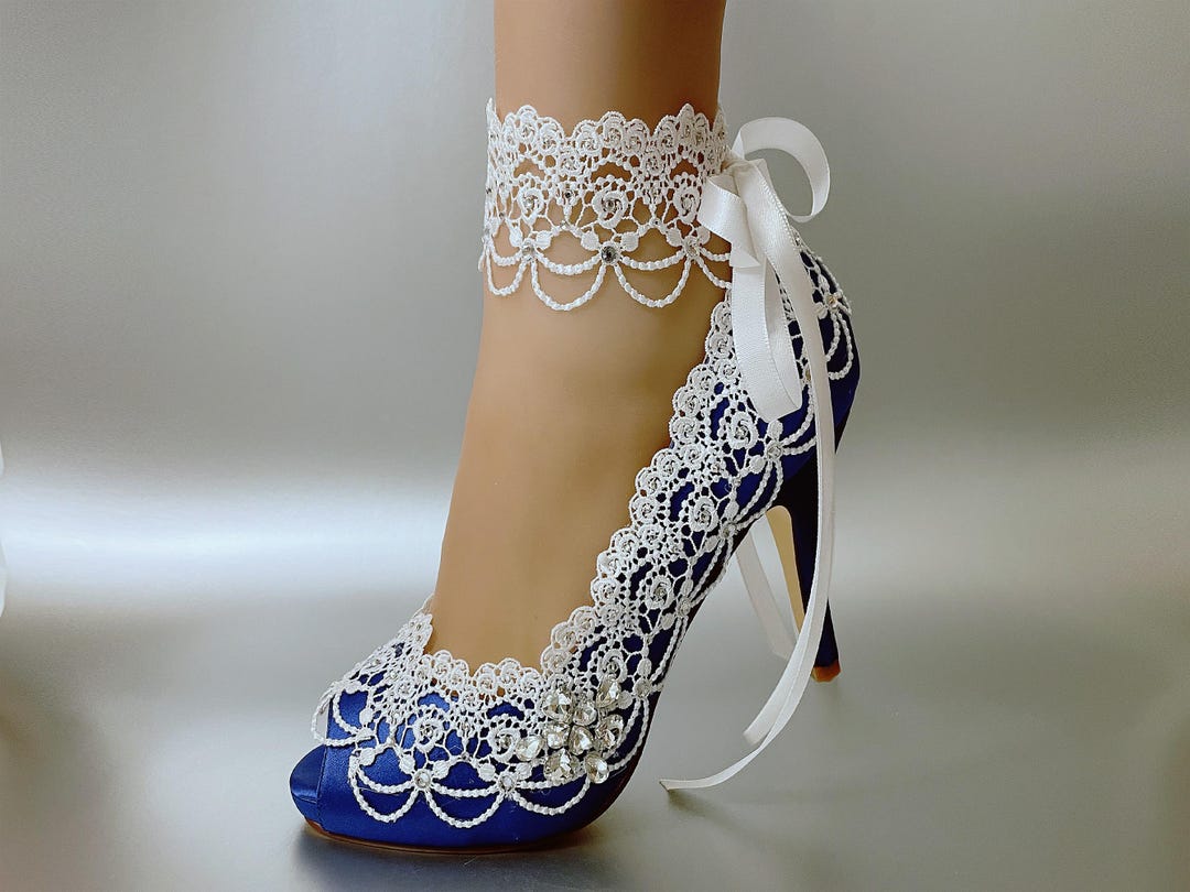 Wedding Shoes for Bride, Rose Royal Blue Black Satin Bridal Low