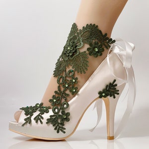 Wedding Shoes for Bride Satin Green Meadow Peep Open Toe Heel Ankle Ribbon Platform Handcraft Bridal Lace Rhinestone Ivory White Multi-Color