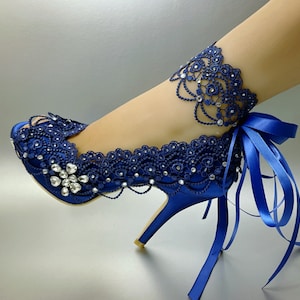 Blue Wedding Shoes for Bride, Bridal Heel,Rose Metallic Blue Gold Silver Satin Peep Open Toe Wedge Platform Bridal Lace Rhinestones Handmade