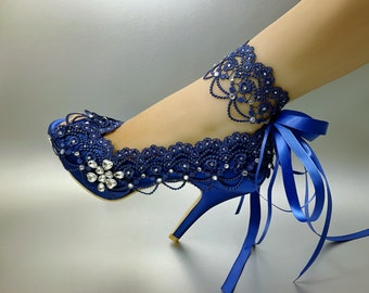 Blue Wedding Shoes for Bride, Bridal Heel,Rose Metallic Blue Gold Silver Satin Peep Open Toe Wedge Platform Bridal Lace Rhinestones Handmade