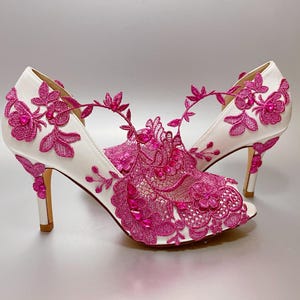 Wedding Shoes for Bride, Pink Bridal Heel,Magenta Rose Purple Bright Metallic Ivory White Handmade Satin Peep Open toe Lace Rhinestone Pearl