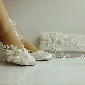 Wedding Shoes Bridal Clutch Purse Handbag Set for Bride S.DEE design Satin Ivory White Lace Beading Pearl Engagement Evening Flats Shoes